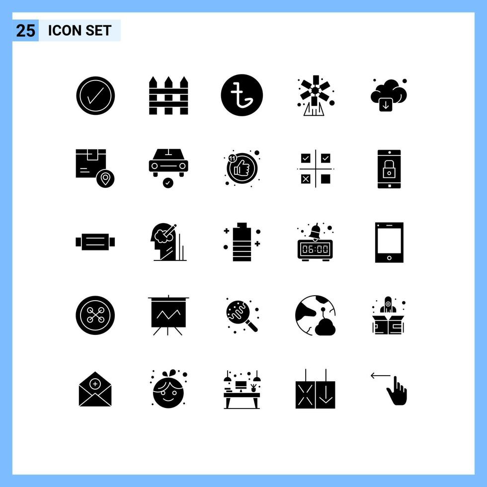 Set of 25 Commercial Solid Glyphs pack for arrow windmill currency nature farming Editable Vector Design Elements