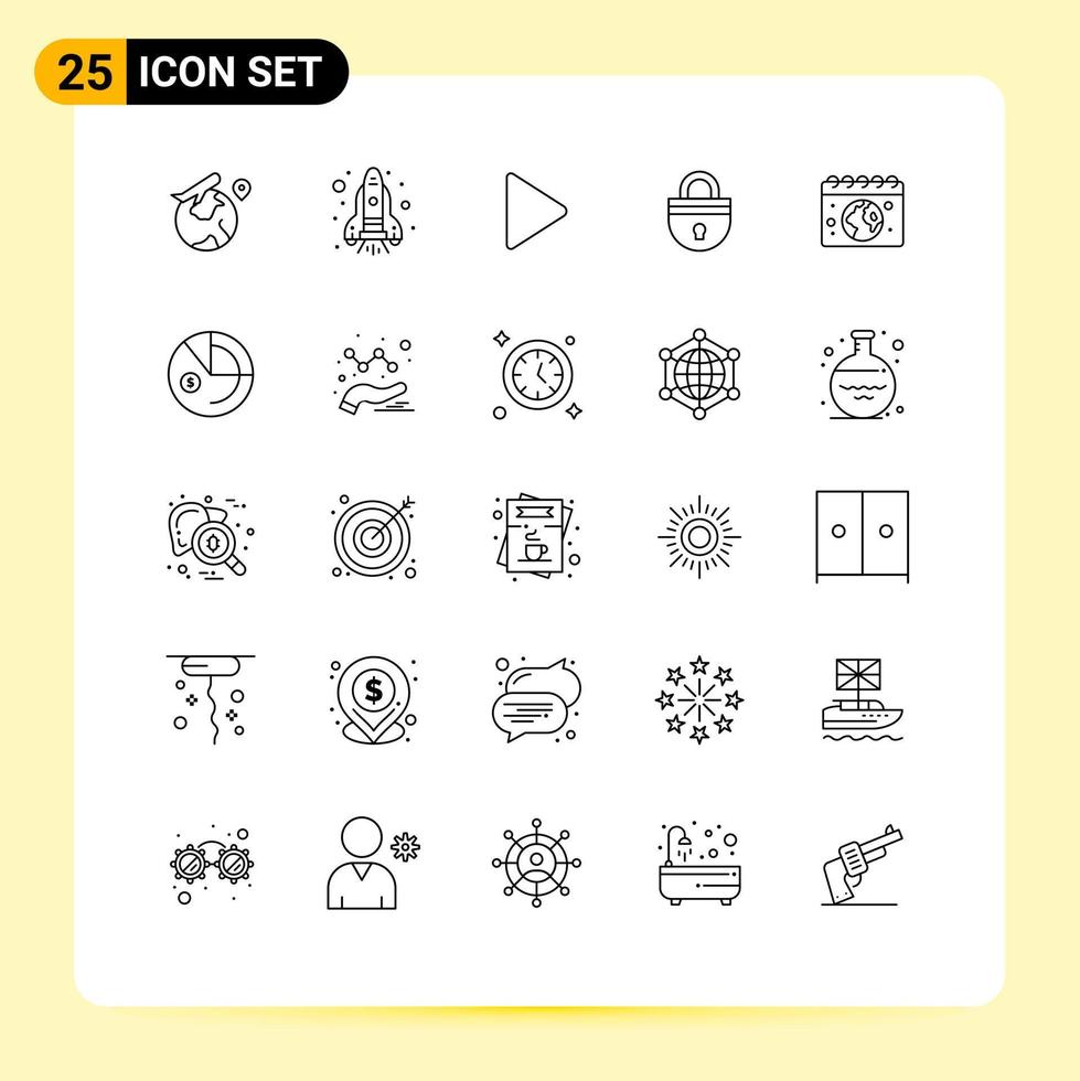 User Interface Pack of 25 Basic Lines of calender earth video login password Editable Vector Design Elements