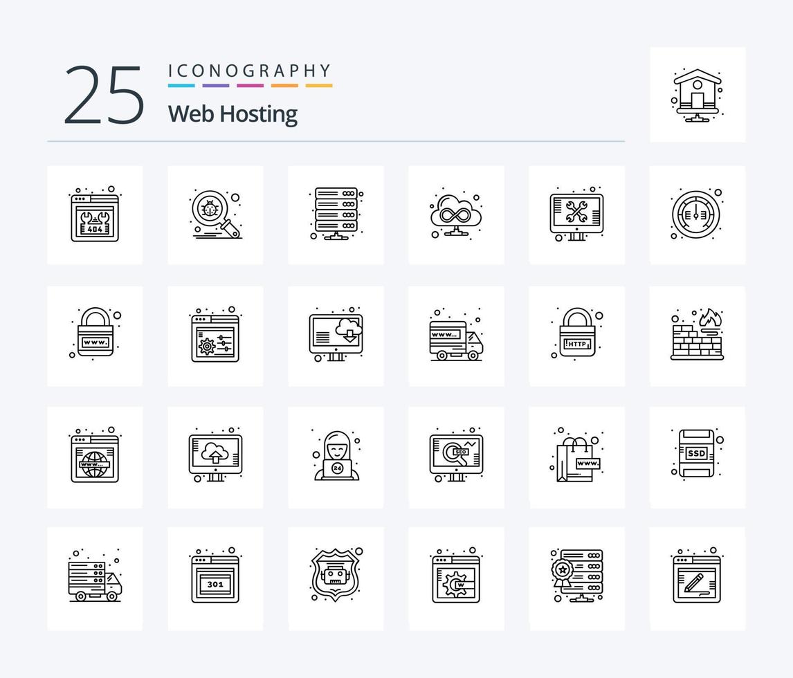 Web Hosting 25 Line icon pack including screen. web. data. cloud. vpn vector