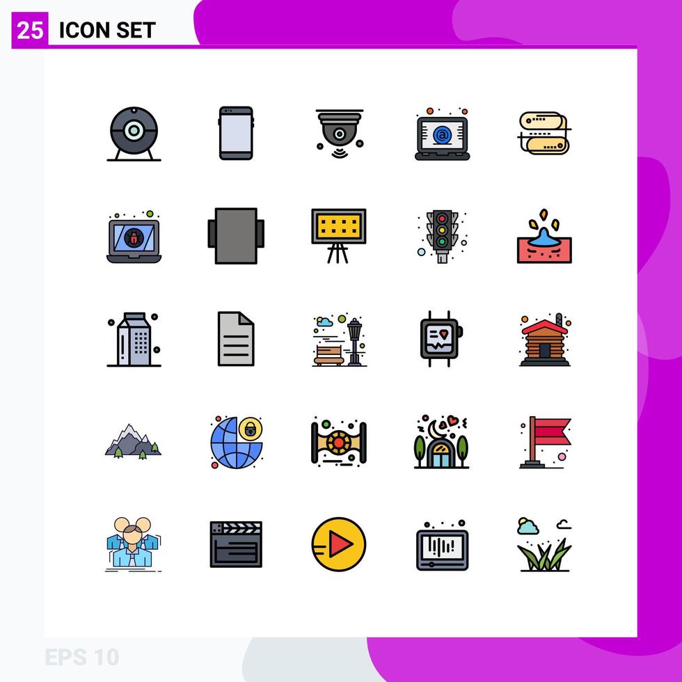 paquete de 25 modernos signos y símbolos de colores planos de línea rellena para medios de impresión web, como la tecnología blockchain, cámara de letras, portátil, wifi, elementos de diseño de vectores editables