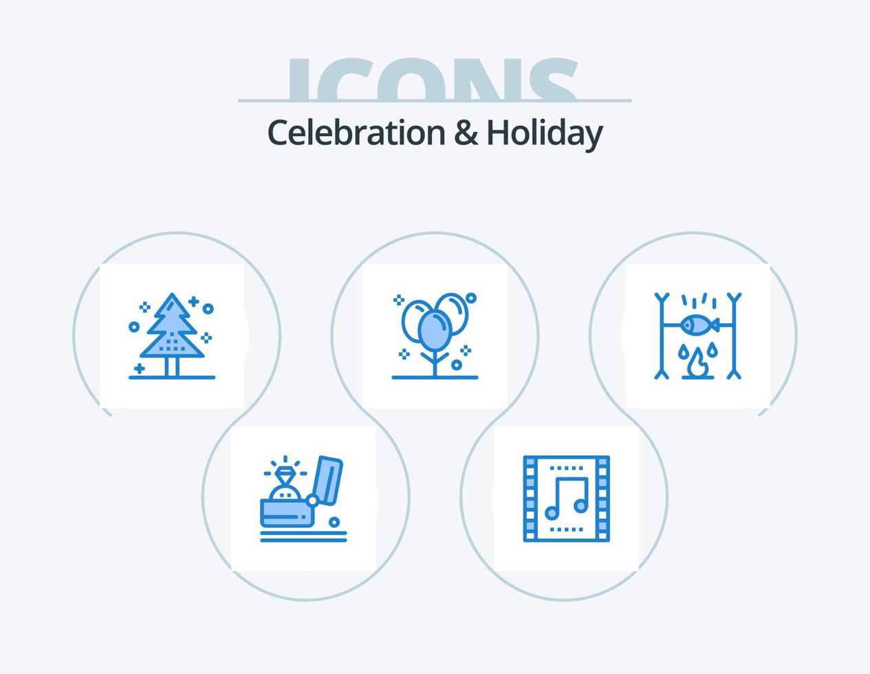 celebración y vacaciones icono azul paquete 5 diseño de iconos. decoración. globos Concierto de música. árbol. evento vector