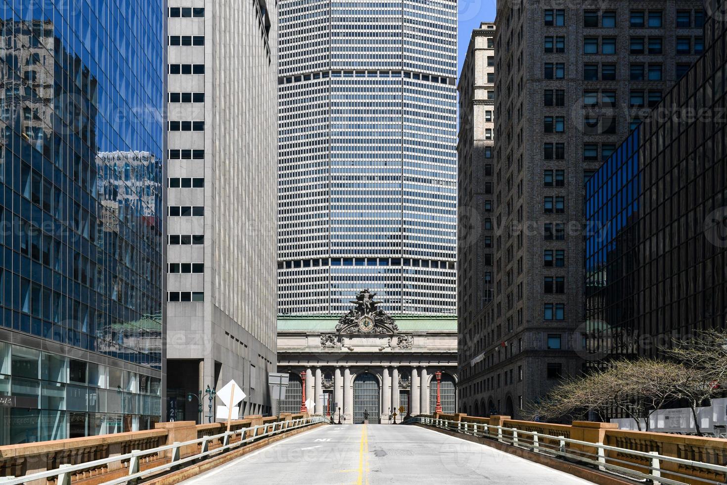 An empty Grand Central Terminal southern facade on Park Avenue at Pershing Square viaduct during the coronavirus quarantine. photo