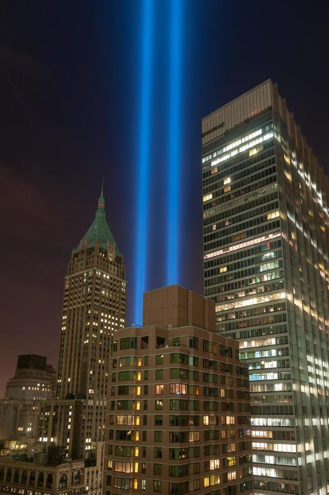 Aerial view of the Tribute in Light - September 11th lights from downtown Manhattan, New York City, 2022 photo