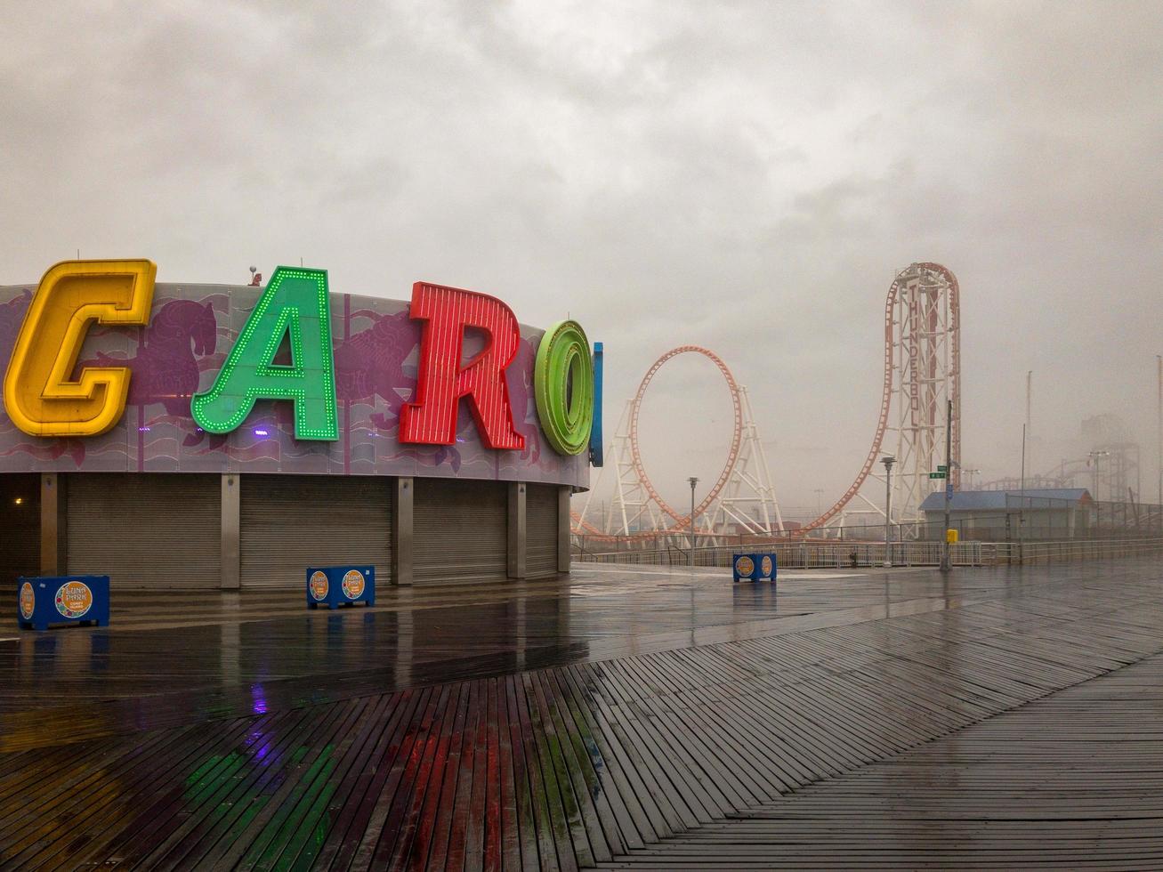 Brooklyn, New York - February 11, 2018 -  Thunderbolt Rollercoaster in Coney Island, Brooklyn on a foggy day. photo