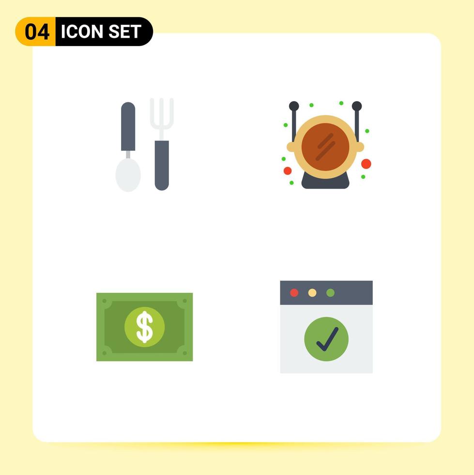 paquete de interfaz de usuario de 4 iconos planos básicos de seguridad de restaurante de pago de cubiertos elementos de diseño de vector editables portátiles