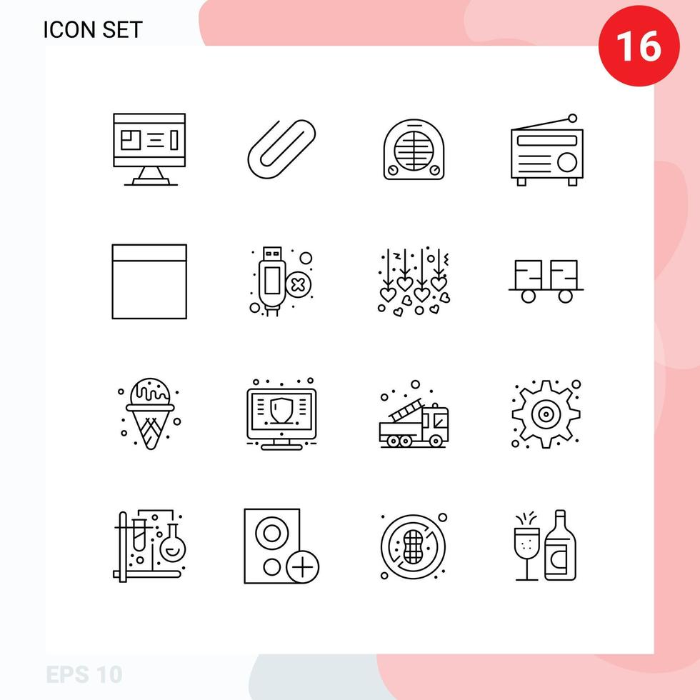 Group of 16 Modern Outlines Set for grid audio paper fm home Editable Vector Design Elements