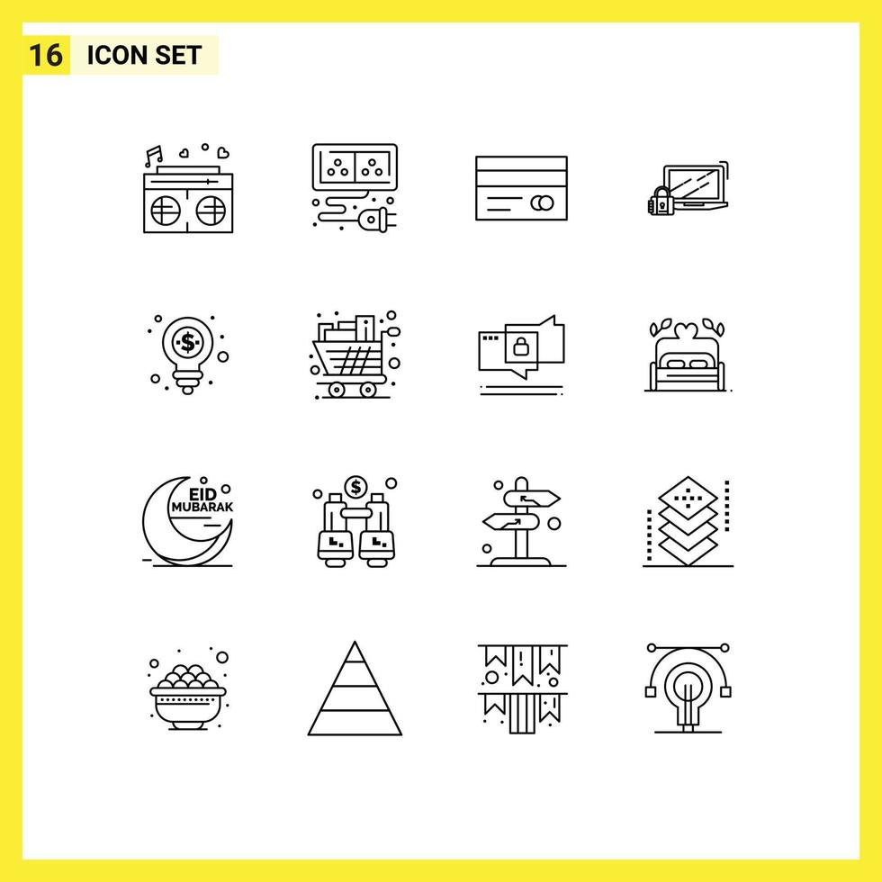 16 Thematic Vector Outlines and Editable Symbols of bulb lock banking security computer Editable Vector Design Elements