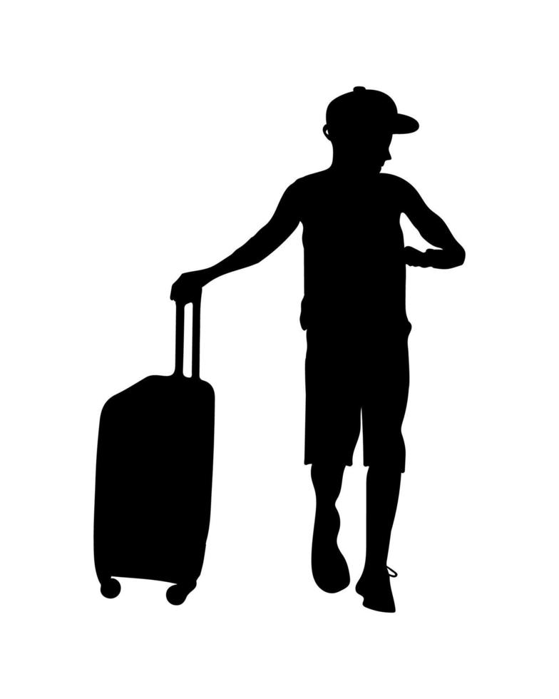 Traveling silhouette. Boy chacking time for train or flight, holding suitcases in his hand. vector