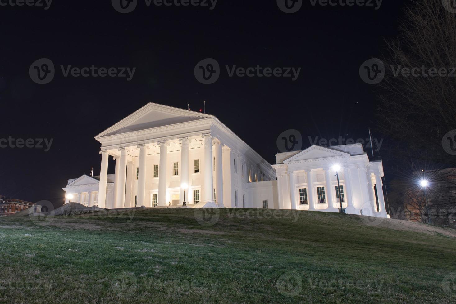 The Virginia State Capitol at night. Designed by Thomas Jefferson who was inspired by Greek and Roman Architecture in Richmond, Virginia. photo