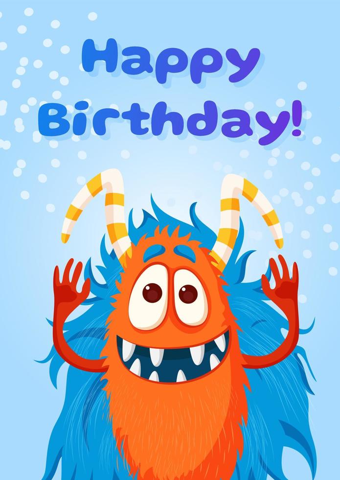 tarjeta de felicitación de cumpleaños con gracioso monstruo lindo. el vector se recorta con máscara de recorte. feliz cumpleaños. ilustración vectorial