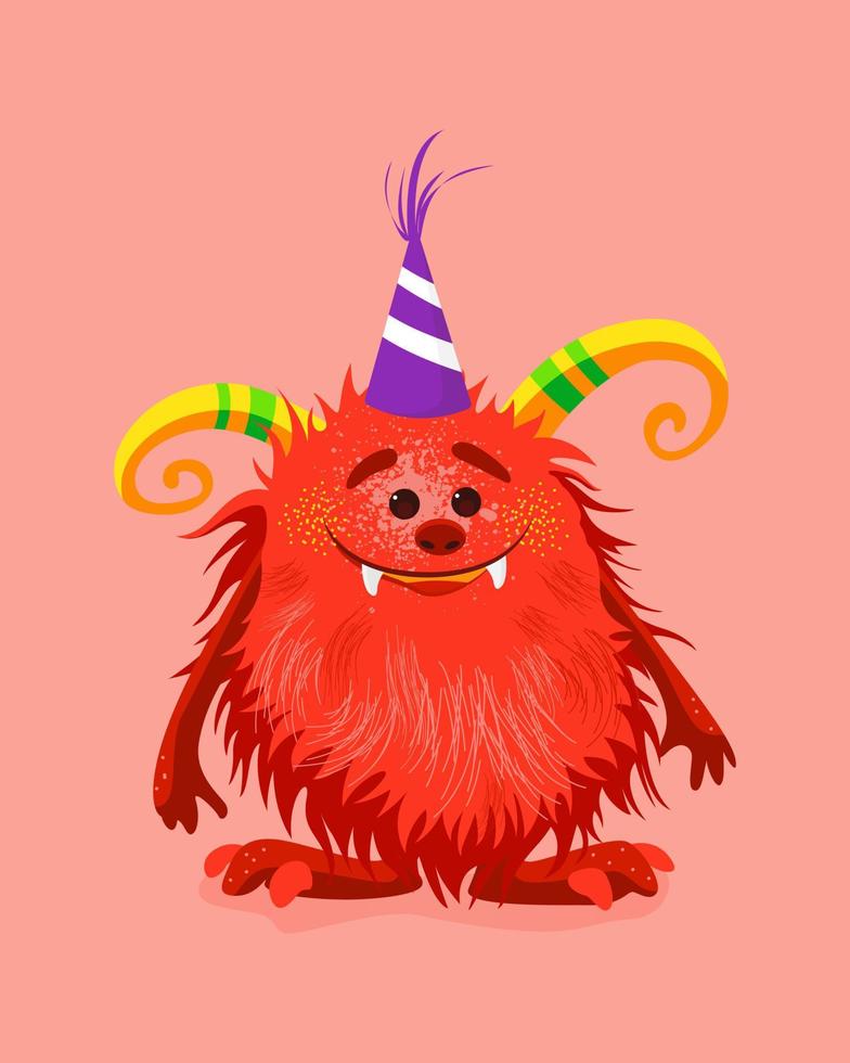 Happy cartoon Monster with red fur, horns and party hat. Colorful isolated Vector illustration for any use.