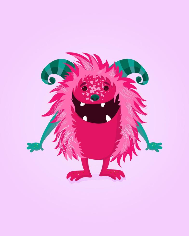 Happy cartoon Monster with pink fur and horns. Colorful isolated Vector illustration for any use.