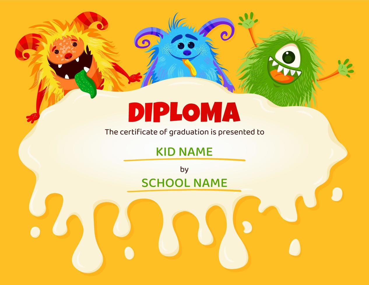 Kids diploma with cartoon funny monster characters. Education award frame template for school, summer camp or kindergarten certificate. Vector certificate with Monsters.