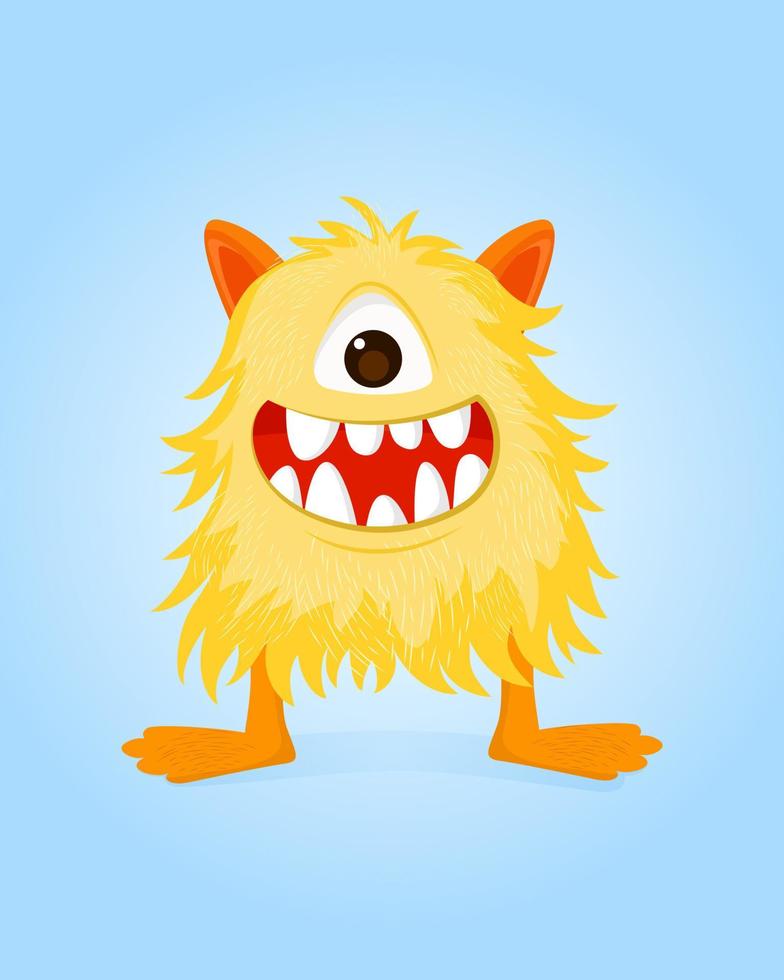 monstruo de dibujos animados feliz con pelaje largo amarillo. colorida ilustración vectorial aislada para cualquier uso. vector