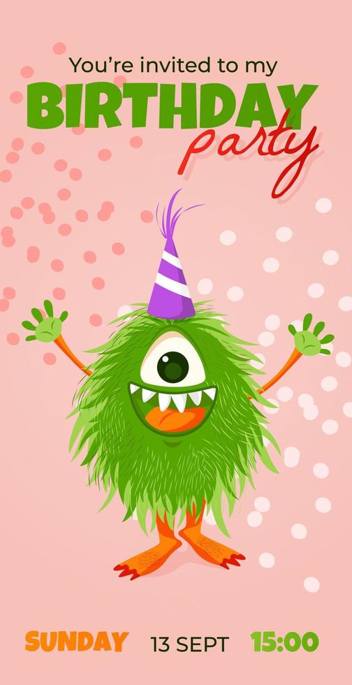 invitation card to Birthday party template with cute cartoon Monster. Invitation for kids. Vector illustration