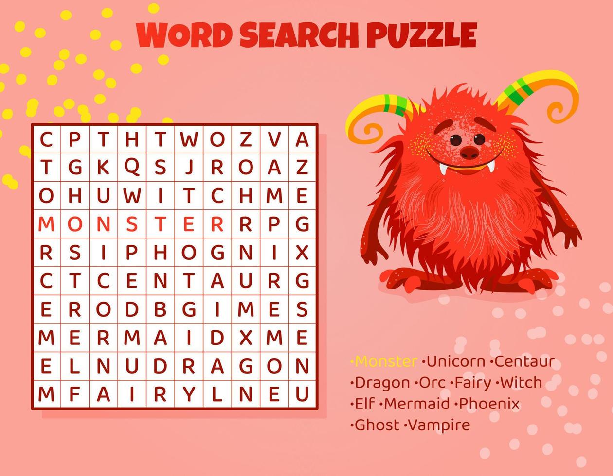 Word search puzzle with mythical animals. Magical creatures. Education game for children. Learning English language. Cartoon spelling puzzle. Test for kids Crossword book. Vector illustration.