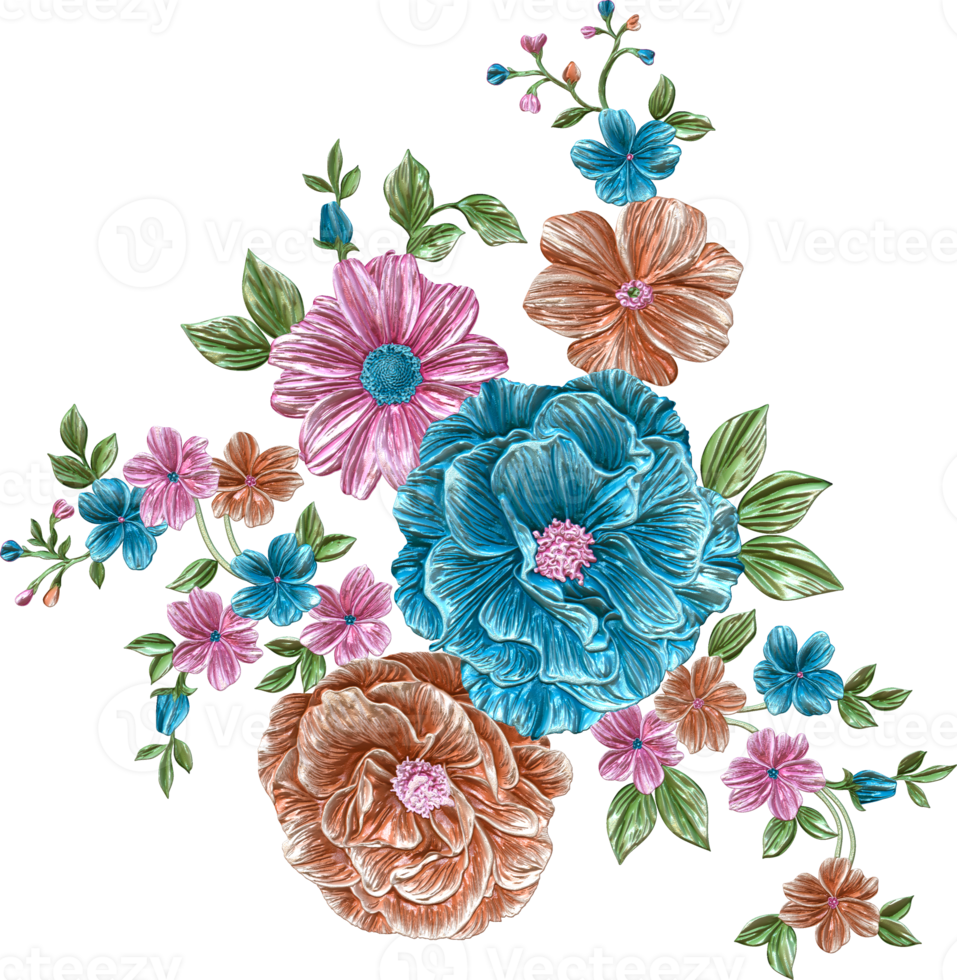 abstrakter metallischer Blumendesignhintergrund, digitale Blumenmalerei, florales Textildesignmaterial, Blumenillustration, Hochzeitsblumenmuster, PNG-Blumenbilder, transparentes dekoratives Blumendesign png