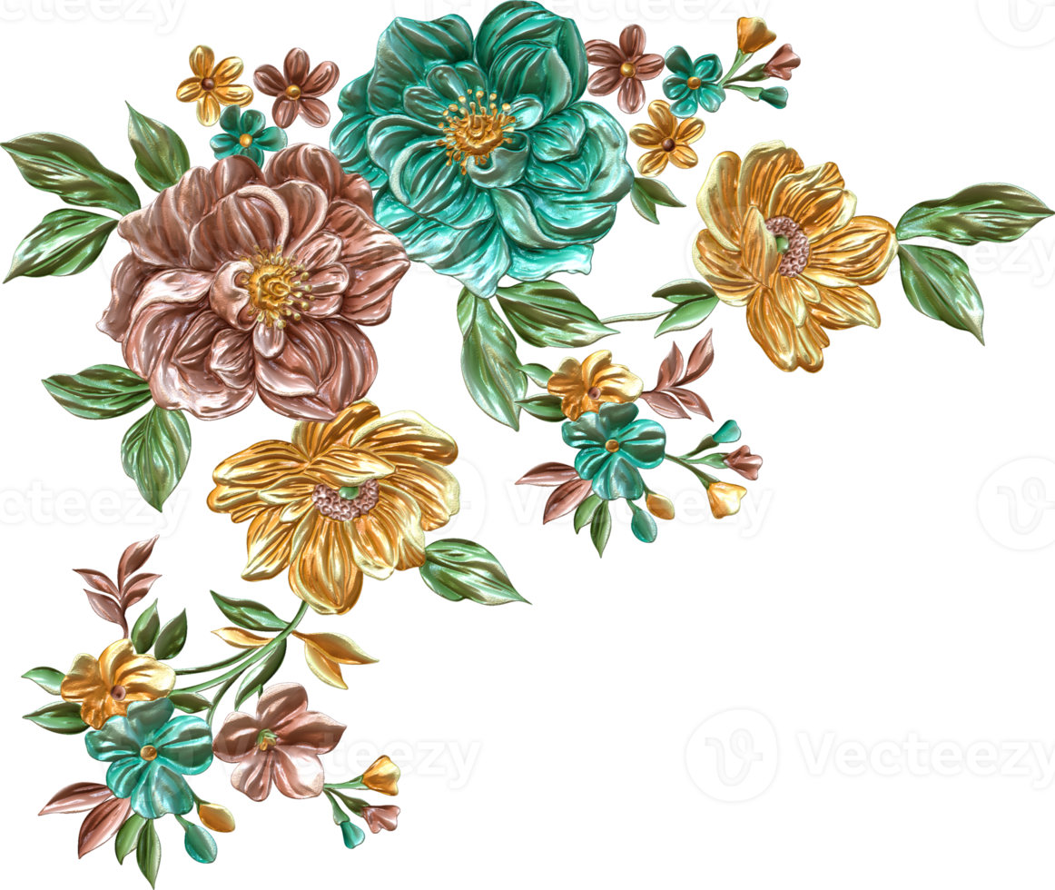 abstrakter metallischer Blumendesignhintergrund, digitale Blumenmalerei, florales Textildesignmaterial, Blumenillustration, Hochzeitsblumenmuster, PNG-Blumenbilder, transparentes dekoratives Blumendesign png