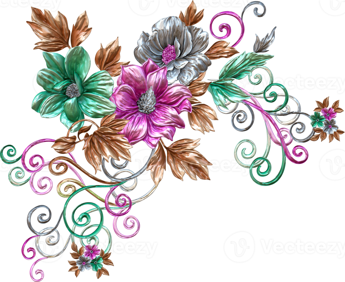 Abstract metallic flower design background,Digital flower painting,Floral textile design material,Flower Illustration,Wedding flower pattern,PNG flower images,Transparent decorative floral design png