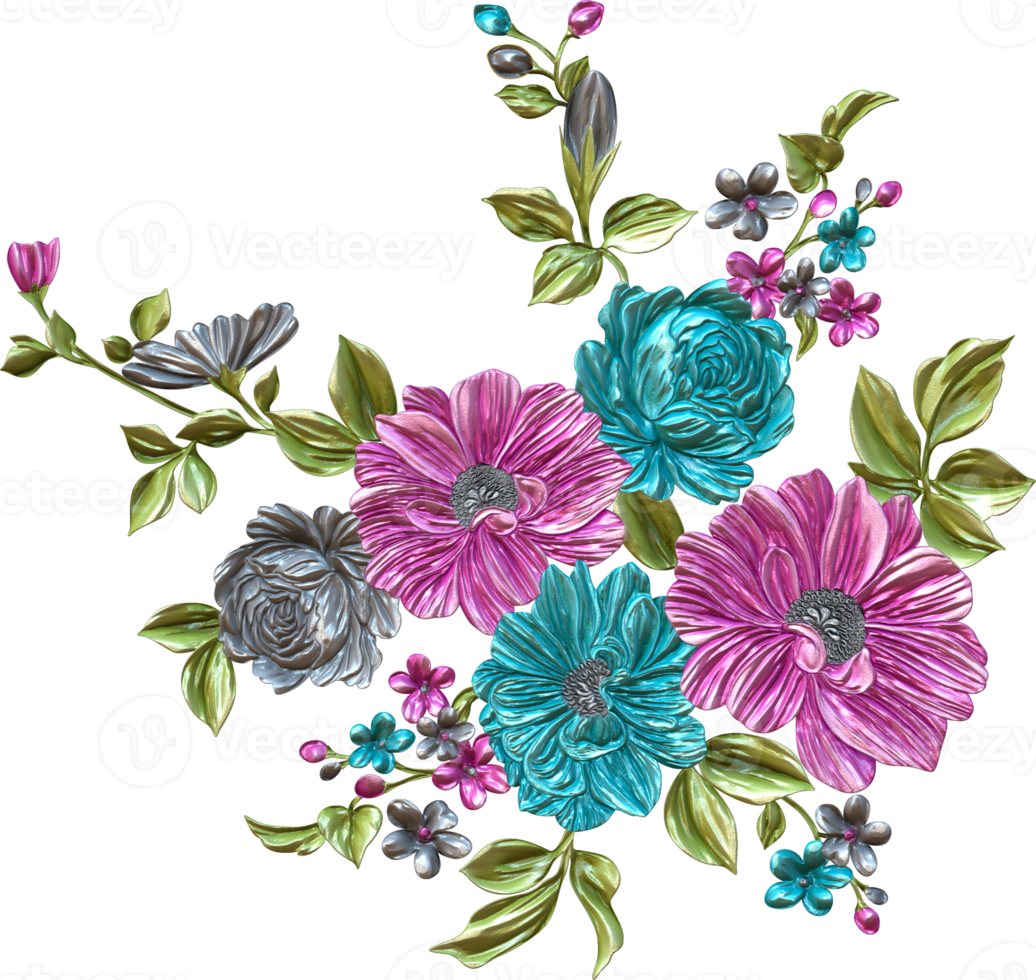 abstrakter metallischer Blumendesignhintergrund, digitale Blumenmalerei, florales Textildesignmaterial, Blumenillustration, Hochzeitsblumenmuster, PNG-Blumenbilder, transparentes dekoratives Blumendesign png