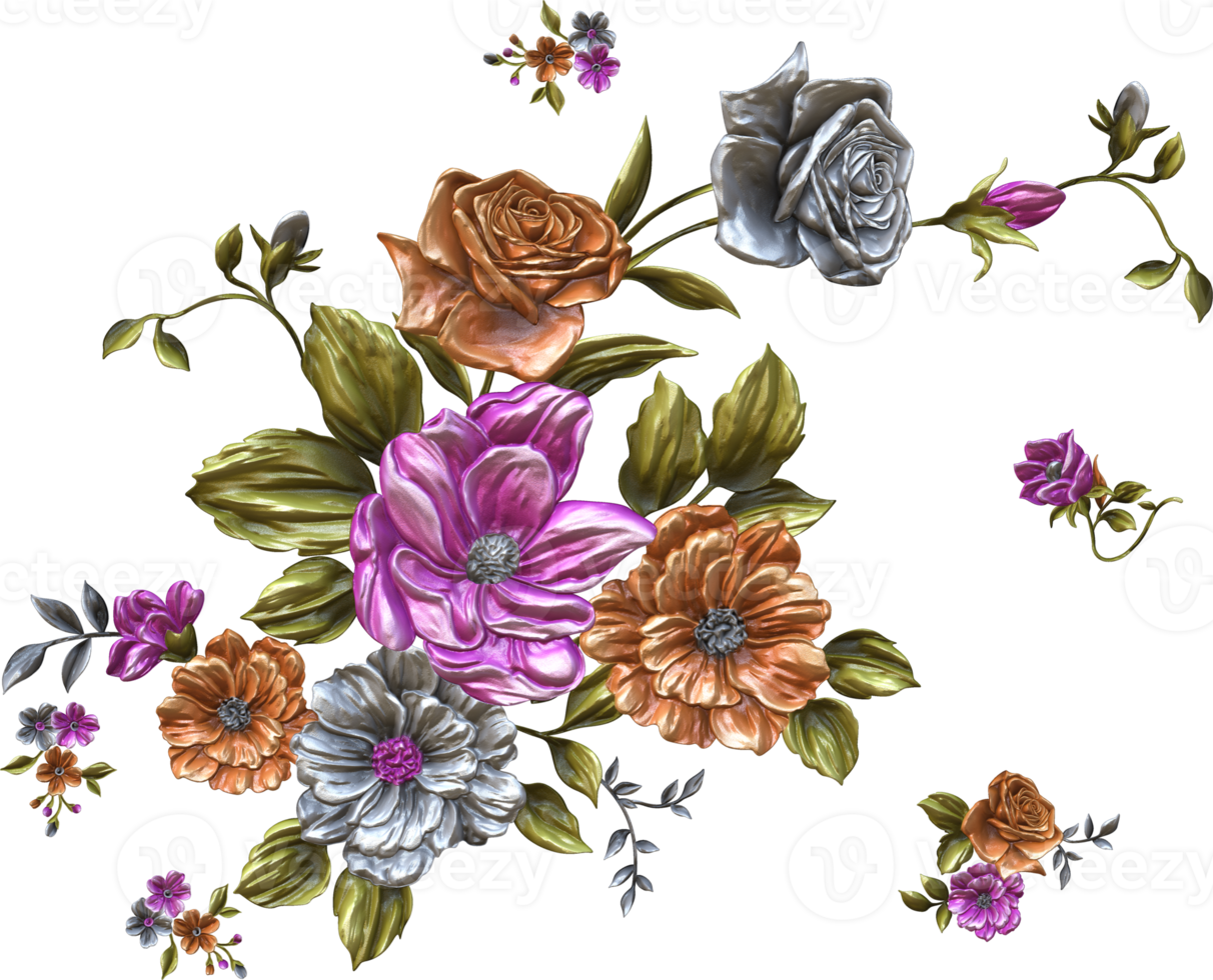 abstrakter metallischer Blumendesignhintergrund, digitale Blumenmalerei, florales Textildesignmaterial, Blumenillustration, Hochzeitsblumenmuster, PNG-Blumenbilder, transparentes dekoratives Blumendesign png