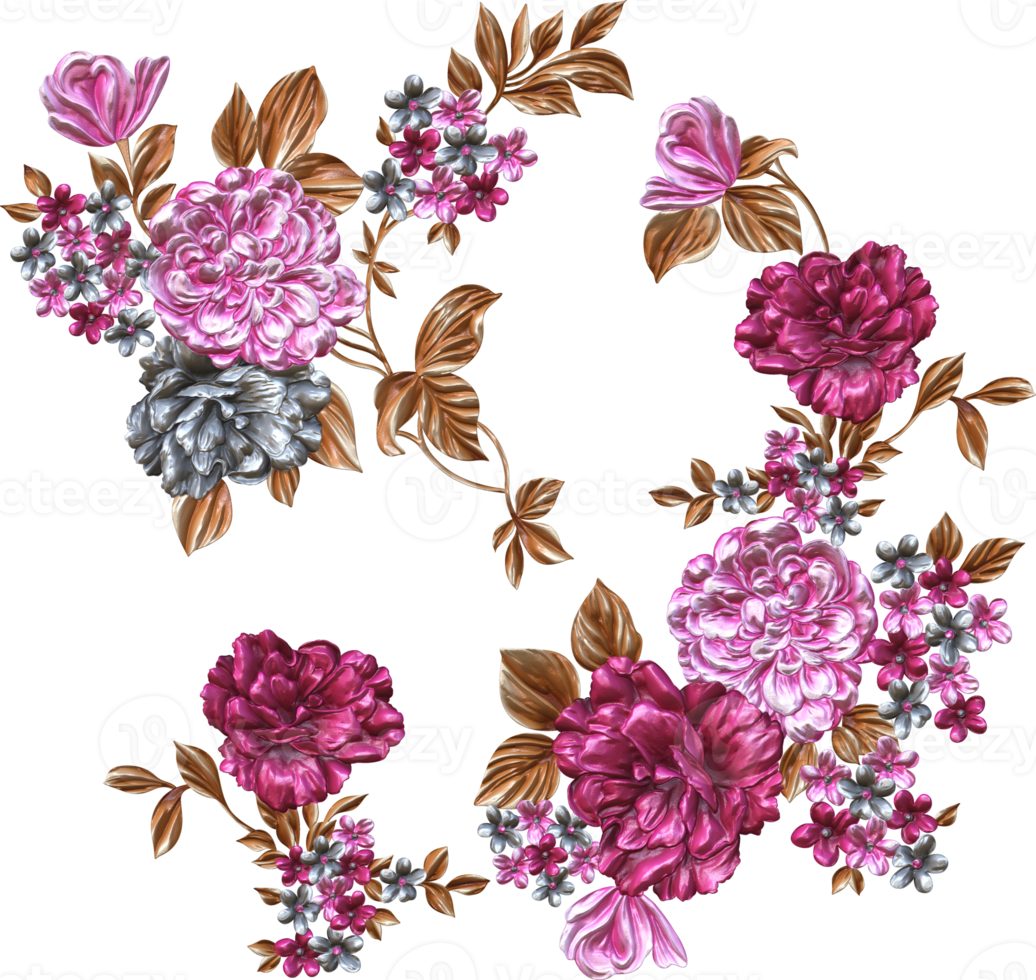 Abstract metallic flower design background,Digital flower painting,Floral textile design material,Flower Illustration,Wedding flower pattern,PNG flower images,Transparent decorative floral design png