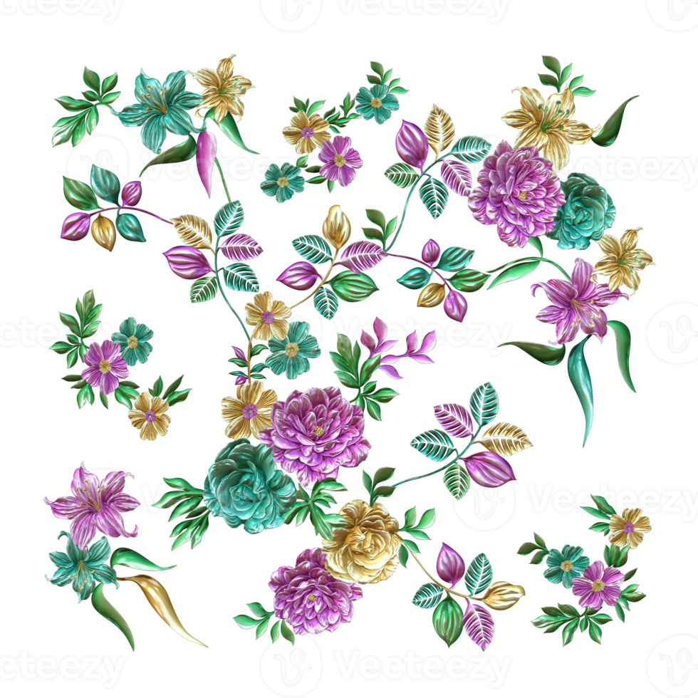 Abstract metallic flower design with transparent background,Digital flower painting,Decorative floral design,Flower Illustration,Embossed flower pattern png