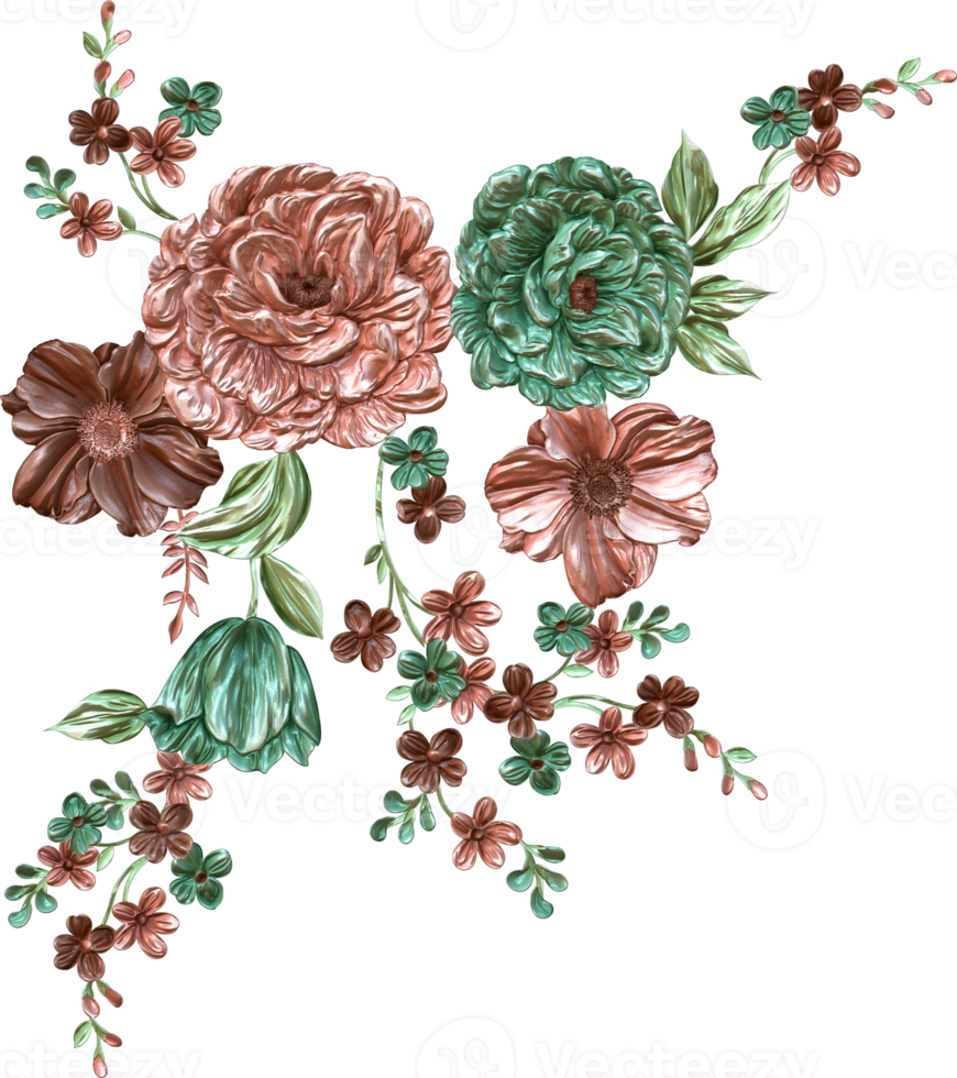conception abstraite de fleurs métalliques avec fond transparent peinture numérique de fleurs conception florale décorative illustration de fleurs motif de fleurs en relief png