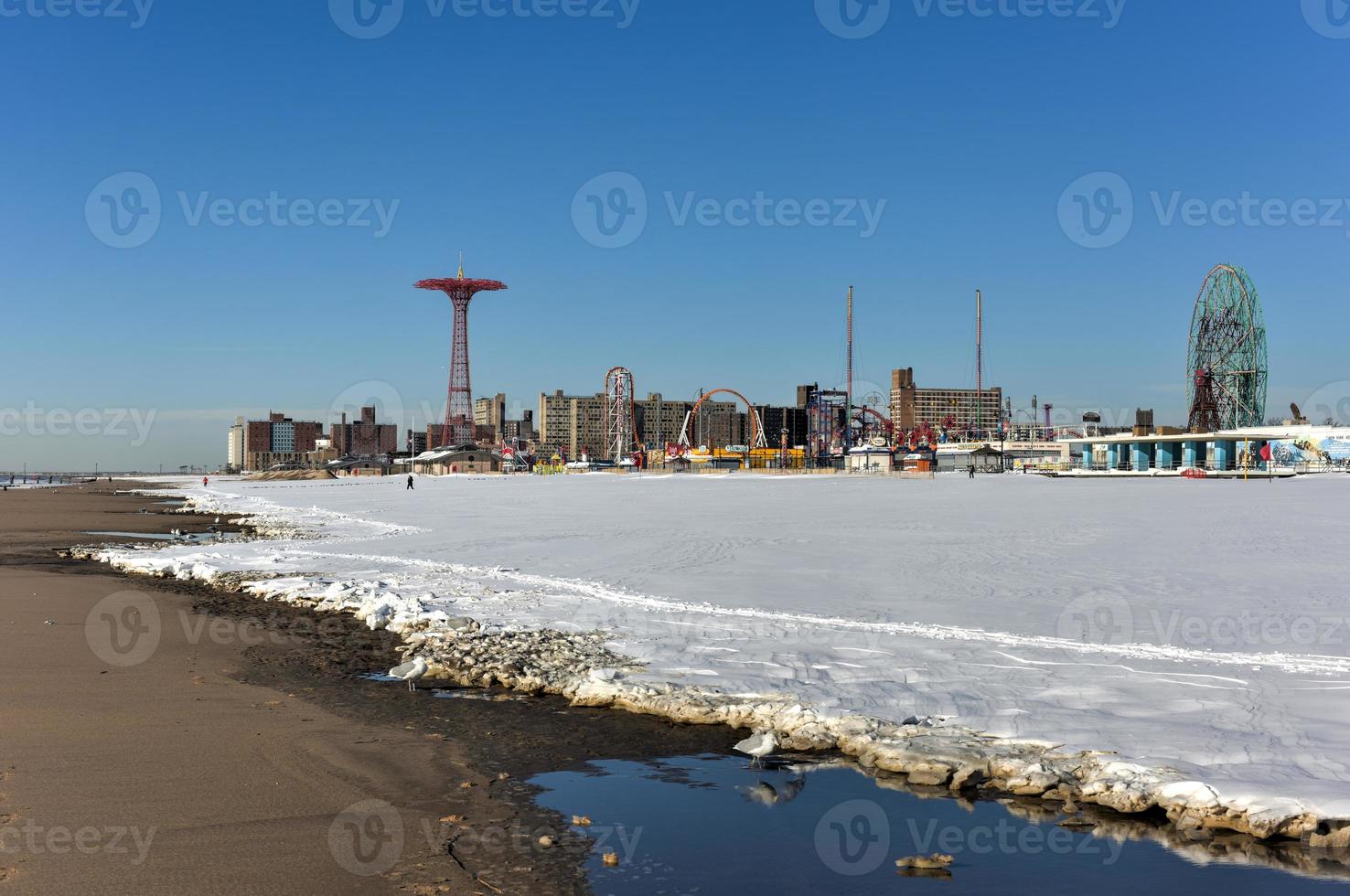 Coney Island Beach in Brooklyn, New York after a major snowstorm. photo
