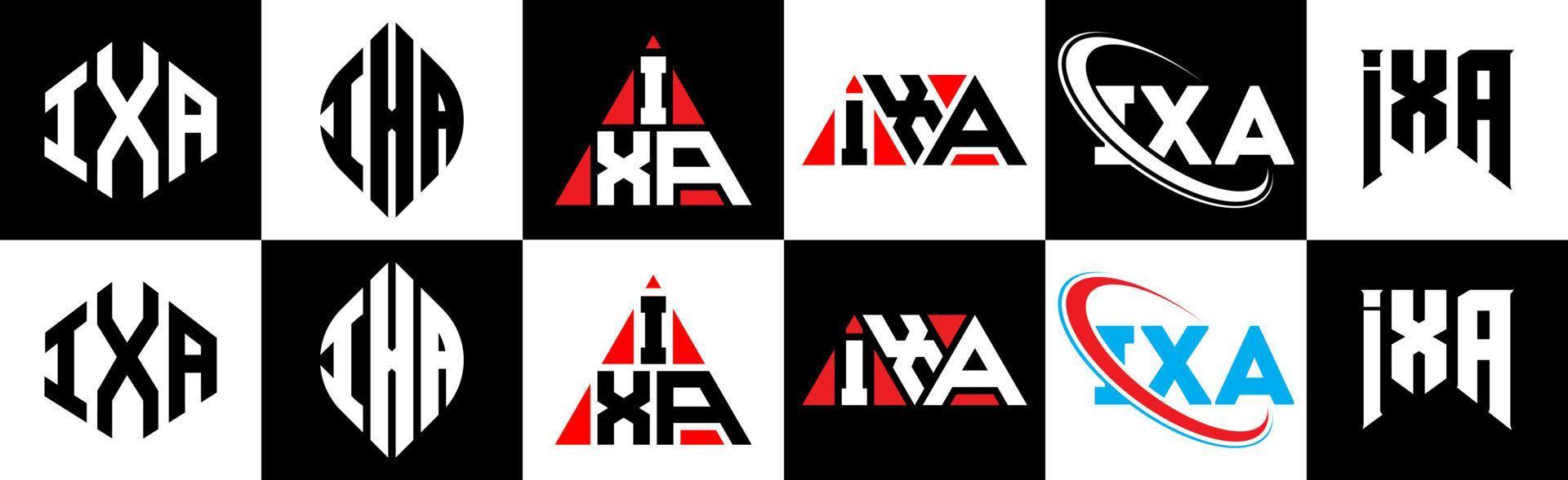 IXA letter logo design in six style. IXA polygon, circle, triangle, hexagon, flat and simple style with black and white color variation letter logo set in one artboard. IXA minimalist and classic logo vector
