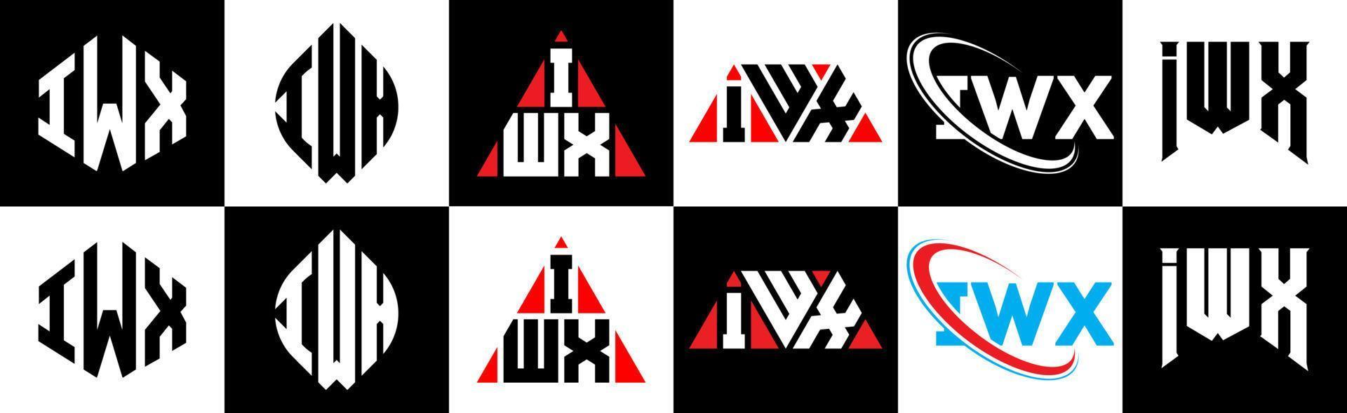 IWX letter logo design in six style. IWX polygon, circle, triangle, hexagon, flat and simple style with black and white color variation letter logo set in one artboard. IWX minimalist and classic logo vector