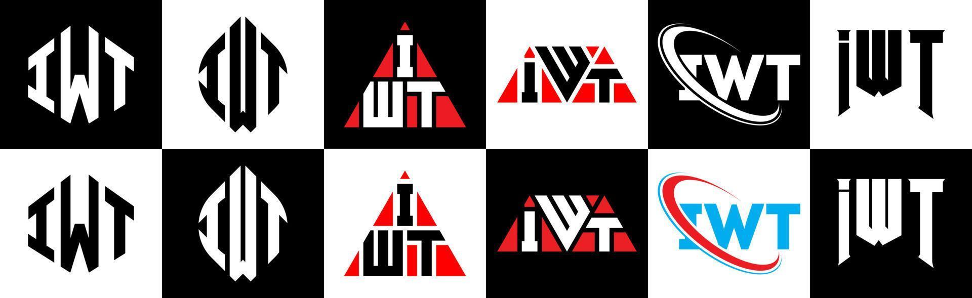 diseño de logotipo de letra iwt en seis estilos. iwt polígono, círculo, triángulo, hexágono, estilo plano y simple con logotipo de letra de variación de color blanco y negro en una mesa de trabajo. logotipo minimalista y clásico de iwt vector