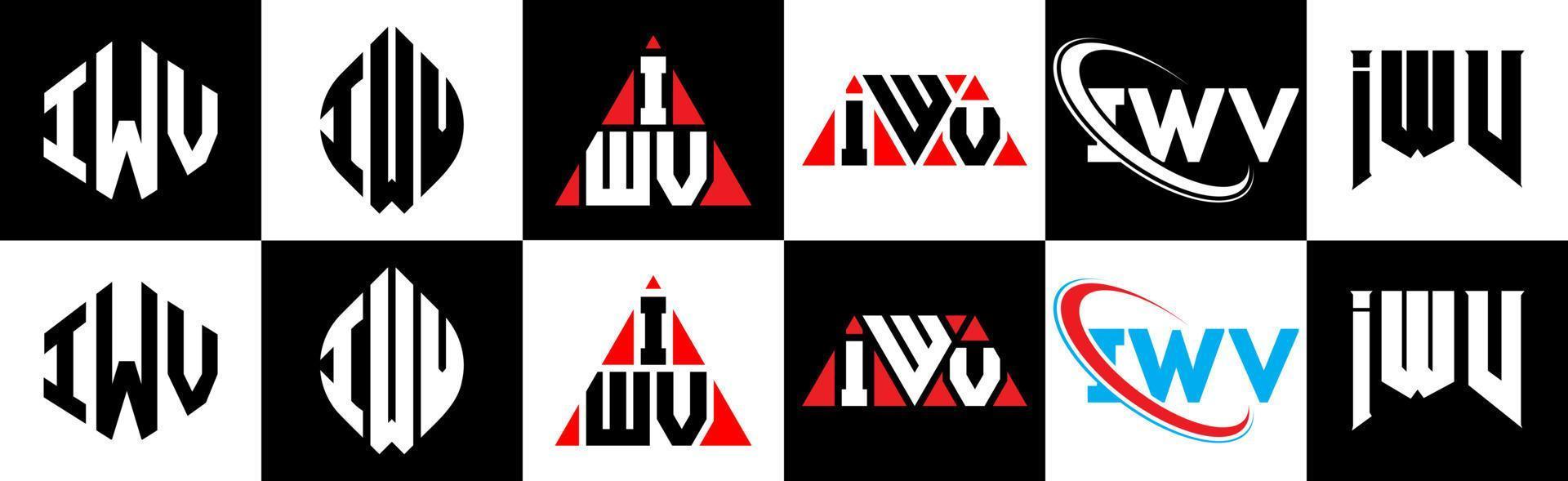 IWV letter logo design in six style. IWV polygon, circle, triangle, hexagon, flat and simple style with black and white color variation letter logo set in one artboard. IWV minimalist and classic logo vector