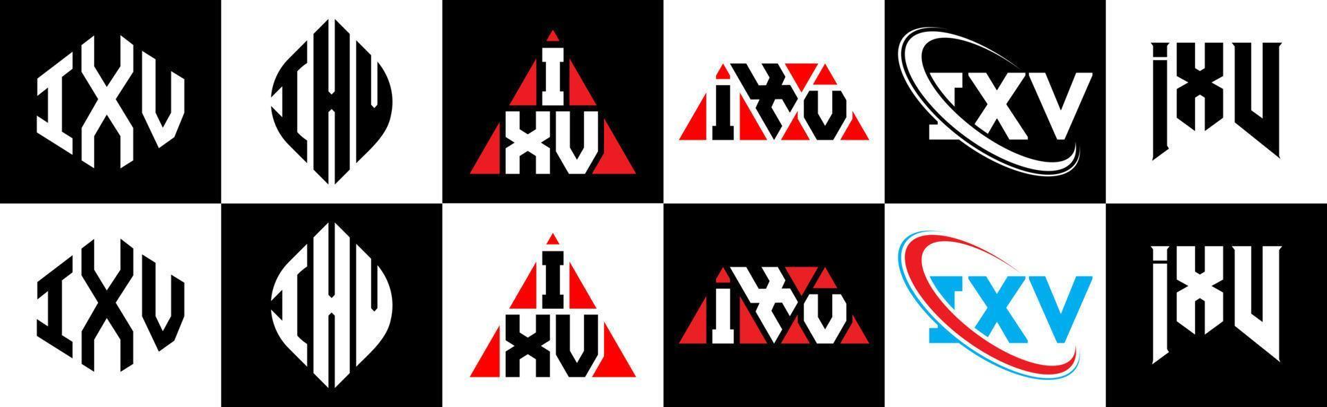 Diseño de logotipo de letra ixv en seis estilos. polígono ixv, círculo, triángulo, hexágono, estilo plano y simple con logotipo de letra de variación de color blanco y negro en una mesa de trabajo. ixv logotipo minimalista y clásico vector