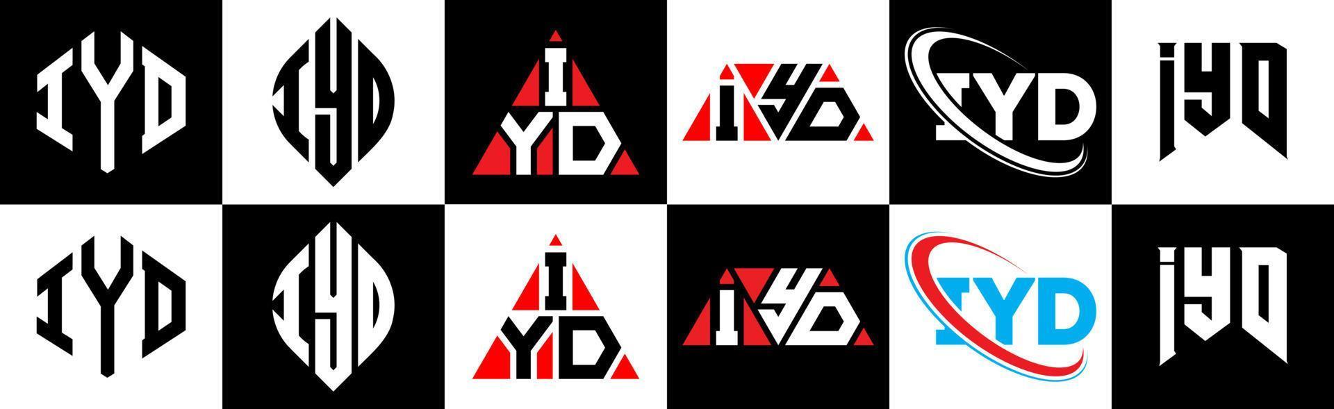 IYD letter logo design in six style. IYD polygon, circle, triangle, hexagon, flat and simple style with black and white color variation letter logo set in one artboard. IYD minimalist and classic logo vector