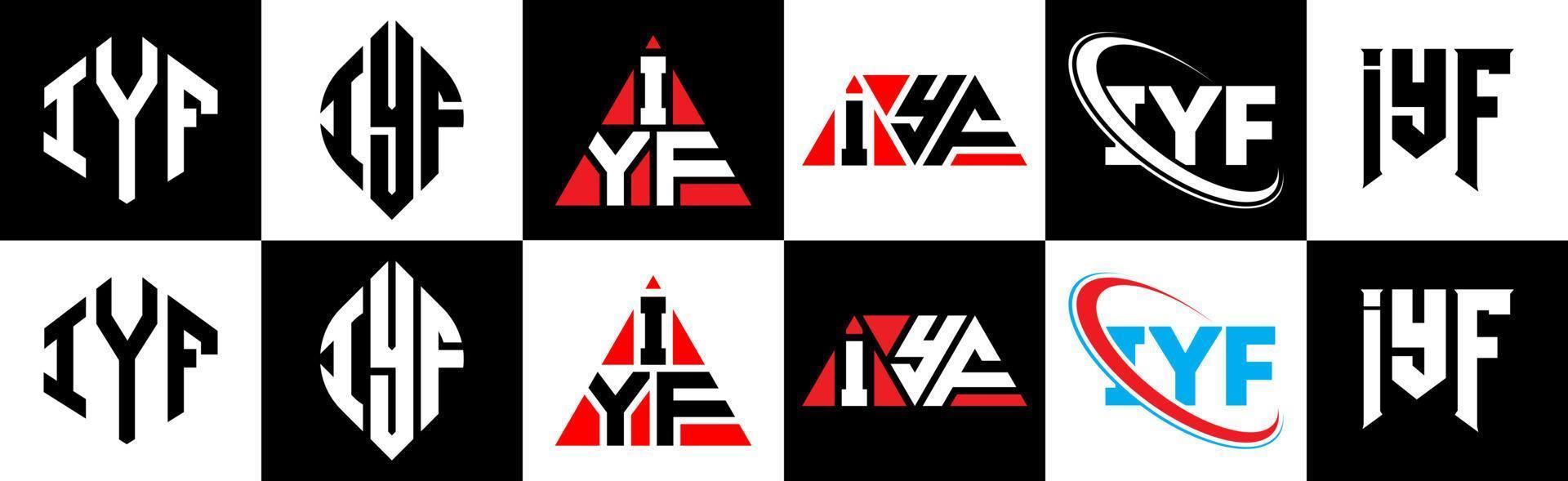 IYF letter logo design in six style. IYF polygon, circle, triangle, hexagon, flat and simple style with black and white color variation letter logo set in one artboard. IYF minimalist and classic logo vector
