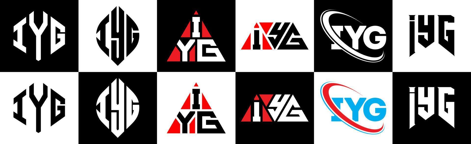 Diseño de logotipo de letra iyg en seis estilos. iyg polígono, círculo, triángulo, hexágono, estilo plano y simple con logotipo de letra de variación de color blanco y negro en una mesa de trabajo. logotipo minimalista y clásico de iyg vector