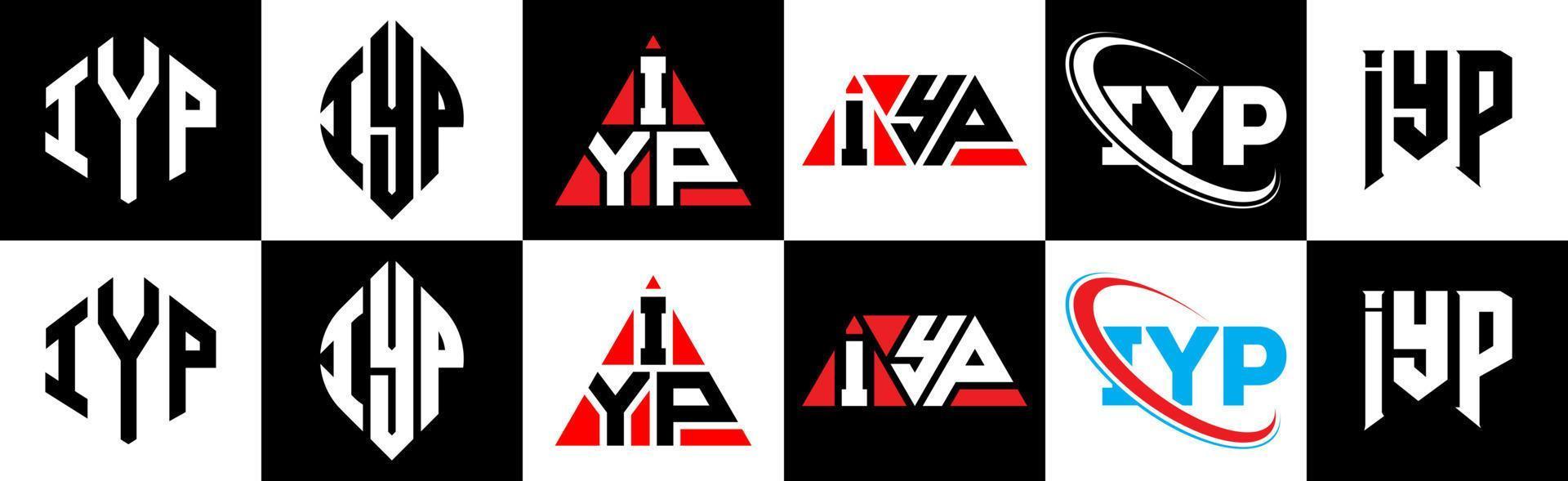 diseño de logotipo de letra iyp en seis estilos. iyp polígono, círculo, triángulo, hexágono, estilo plano y simple con logotipo de letra de variación de color blanco y negro en una mesa de trabajo. logotipo minimalista y clásico de iyp vector