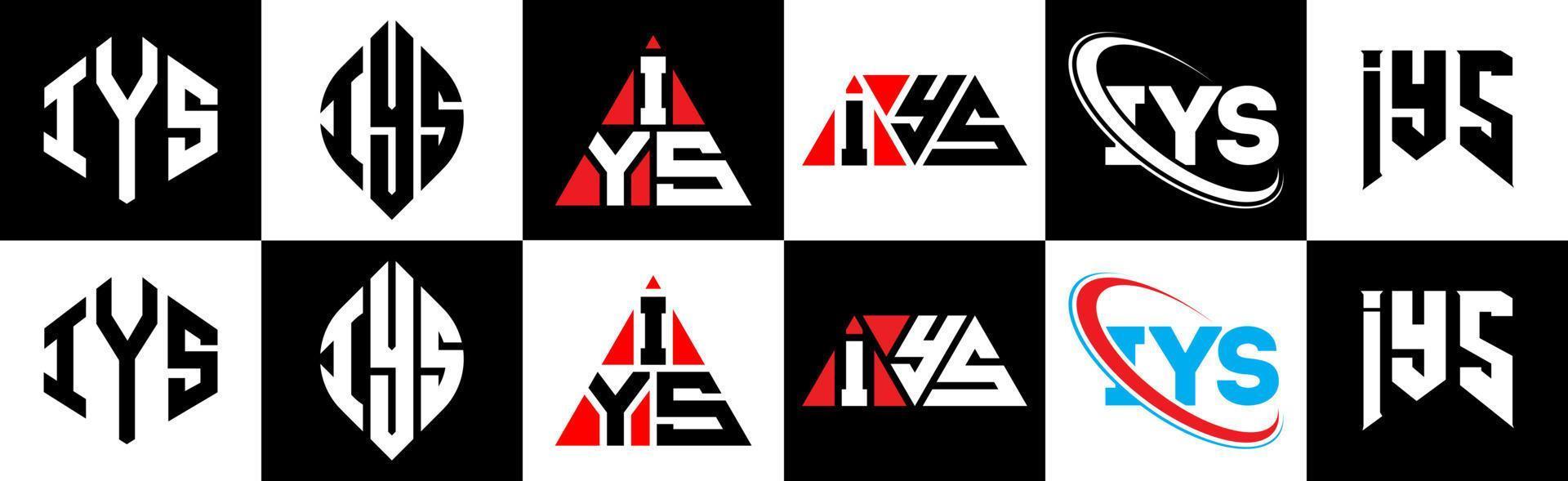 Diseño de logotipo de letra iys en seis estilos. iys polígono, círculo, triángulo, hexágono, estilo plano y simple con logotipo de letra de variación de color blanco y negro en una mesa de trabajo. logotipo minimalista y clásico de iys vector