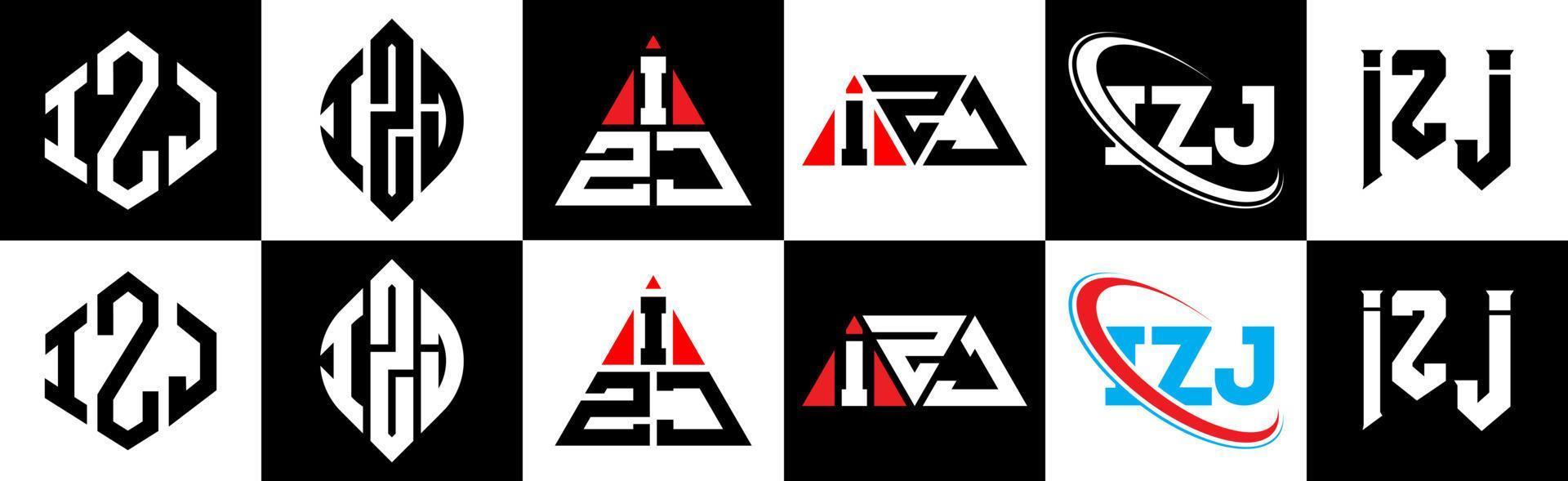 Diseño de logotipo de letra izj en seis estilos. polígono izj, círculo, triángulo, hexágono, estilo plano y simple con logotipo de letra de variación de color blanco y negro en una mesa de trabajo. logotipo minimalista y clásico de izj vector