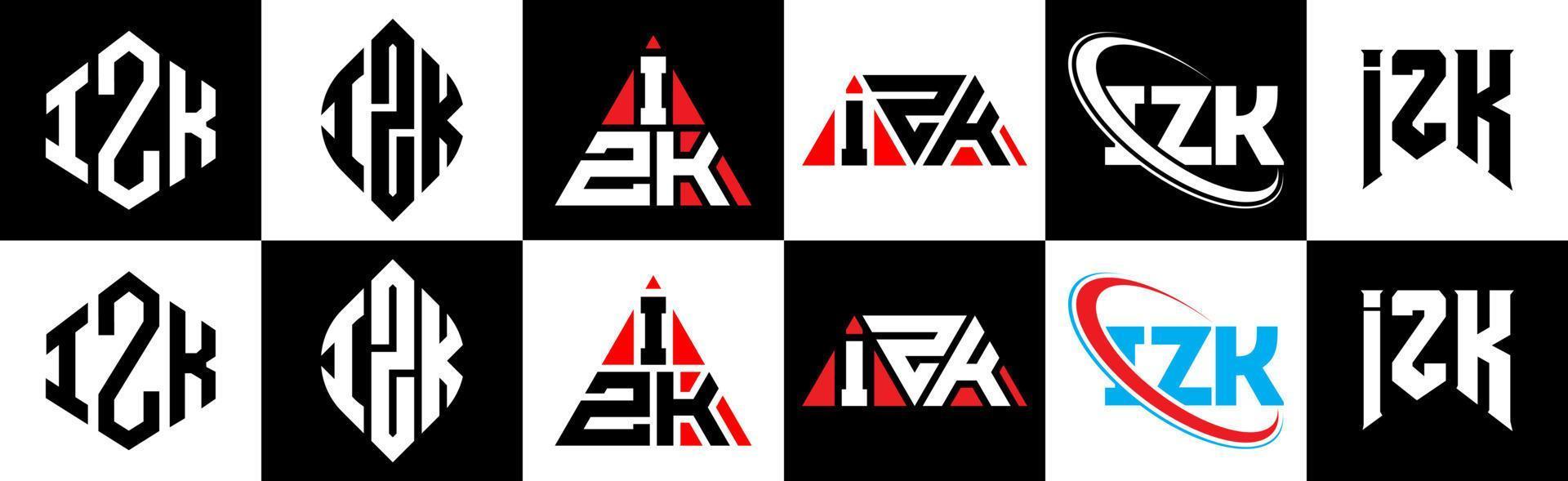 IZK letter logo design in six style. IZK polygon, circle, triangle, hexagon, flat and simple style with black and white color variation letter logo set in one artboard. IZK minimalist and classic logo vector
