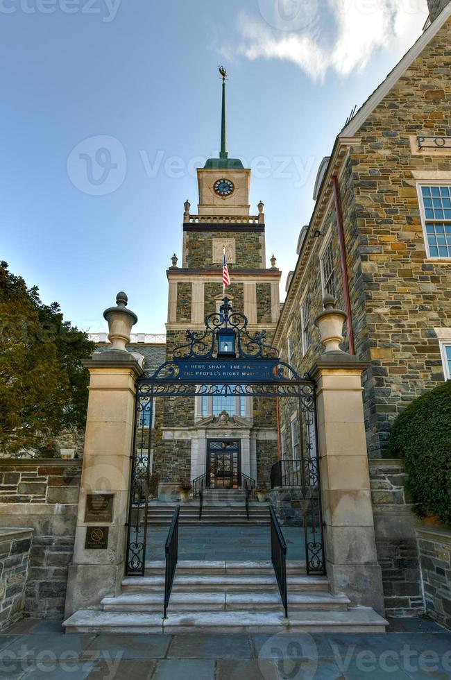 Poughkeepsie Journal main office building, a fieldstone Colonial Revival building on Civic Center Plaza, the north end of Market Street in downtown Poughkeepsie, New York. photo