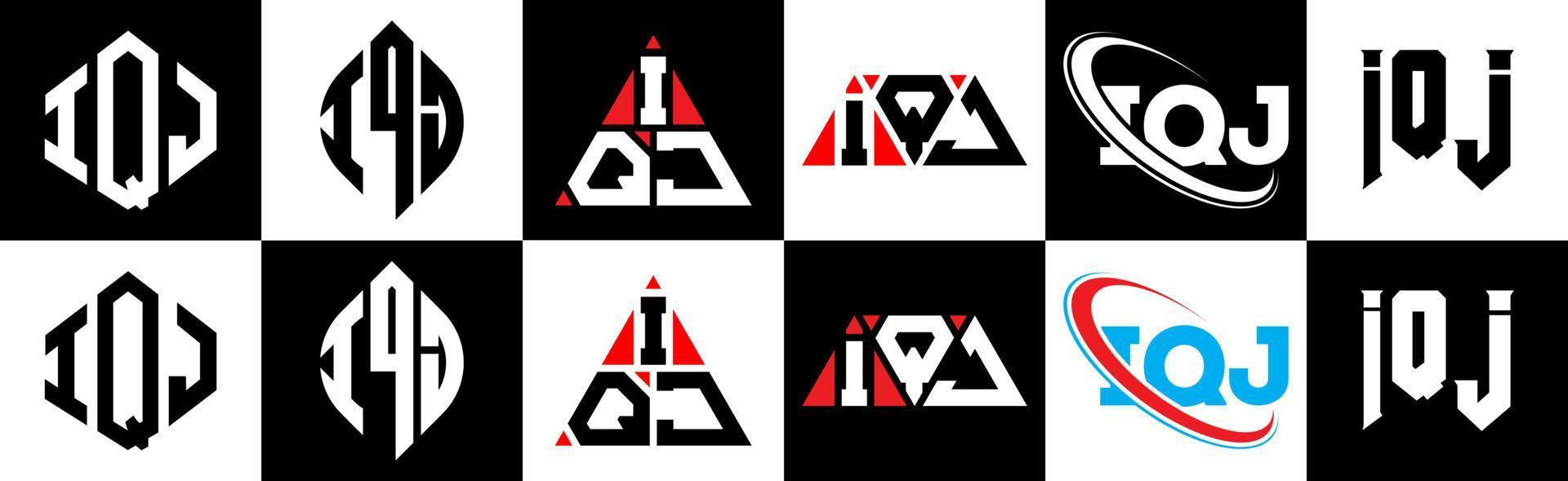 Diseño de logotipo de letra iqj en seis estilos. polígono iqj, círculo, triángulo, hexágono, estilo plano y simple con logotipo de letra de variación de color blanco y negro en una mesa de trabajo. logotipo minimalista y clásico de iqj vector