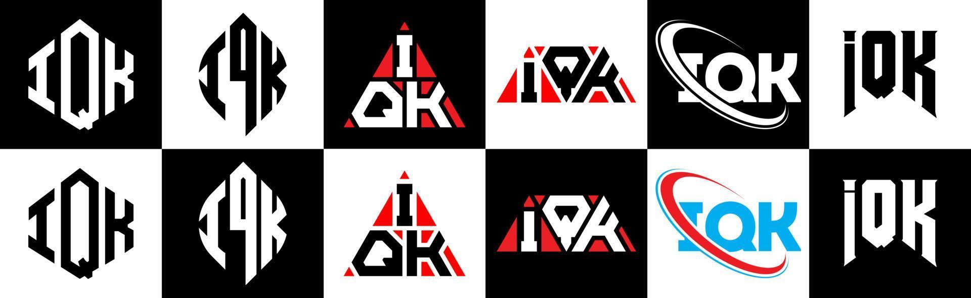 Diseño de logotipo de letra iqk en seis estilos. polígono iqk, círculo, triángulo, hexágono, estilo plano y simple con logotipo de letra de variación de color blanco y negro en una mesa de trabajo. logotipo minimalista y clásico de iqk vector