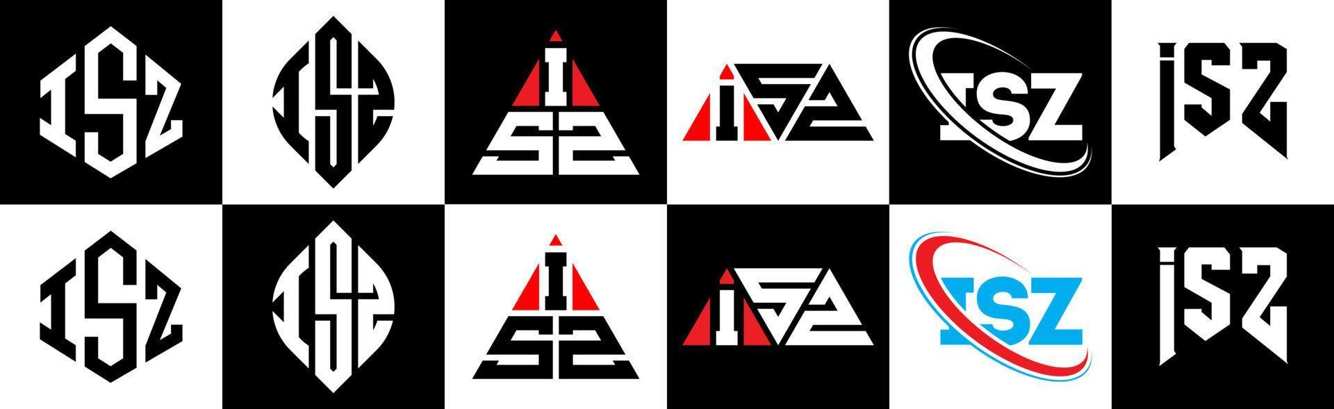 diseño de logotipo de letra isz en seis estilos. isz polígono, círculo, triángulo, hexágono, estilo plano y simple con logotipo de letra de variación de color blanco y negro en una mesa de trabajo. logotipo minimalista y clásico de isz vector