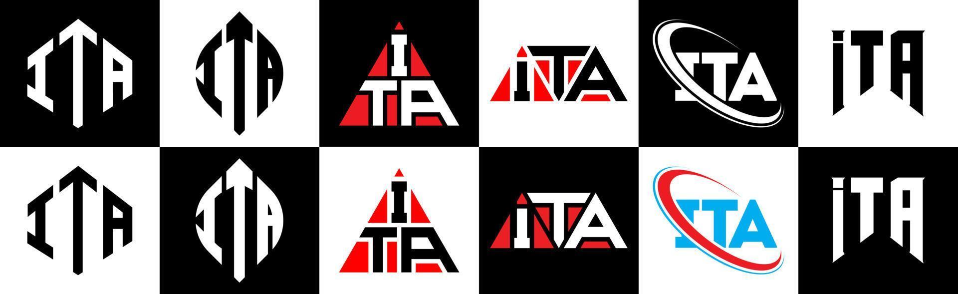 diseño de logotipo de letra ita en seis estilos. ita polígono, círculo, triángulo, hexágono, estilo plano y simple con logotipo de letra de variación de color blanco y negro en una mesa de trabajo. ita logo minimalista y clásico vector