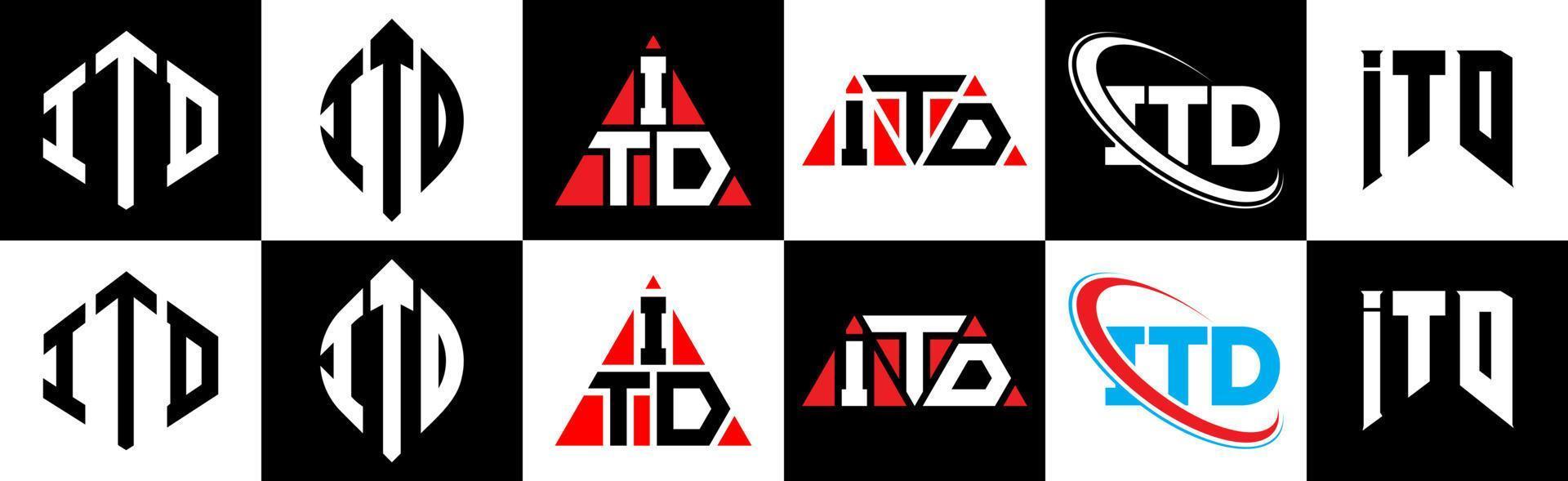 ITD letter logo design in six style. ITD polygon, circle, triangle, hexagon, flat and simple style with black and white color variation letter logo set in one artboard. ITD minimalist and classic logo vector