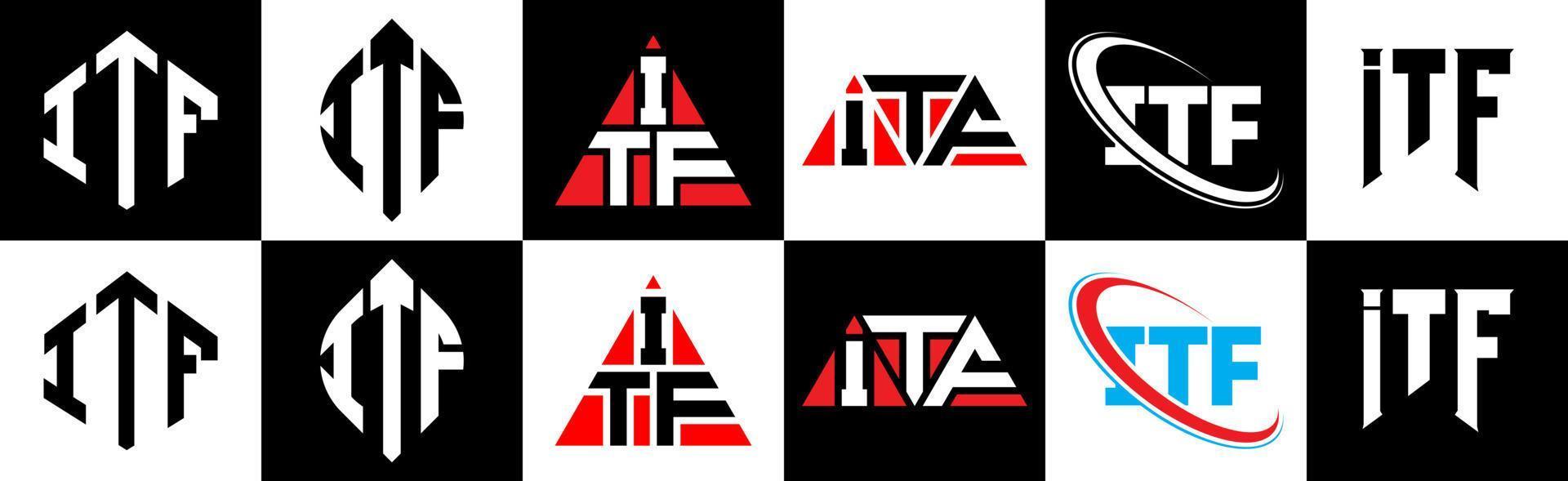 ITF letter logo design in six style. ITF polygon, circle, triangle, hexagon, flat and simple style with black and white color variation letter logo set in one artboard. ITF minimalist and classic logo vector