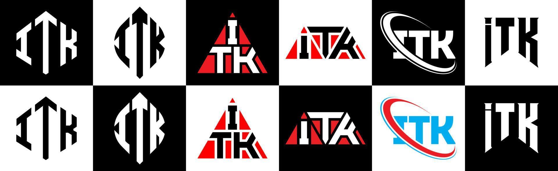 ITK letter logo design in six style. ITK polygon, circle, triangle, hexagon, flat and simple style with black and white color variation letter logo set in one artboard. ITK minimalist and classic logo vector