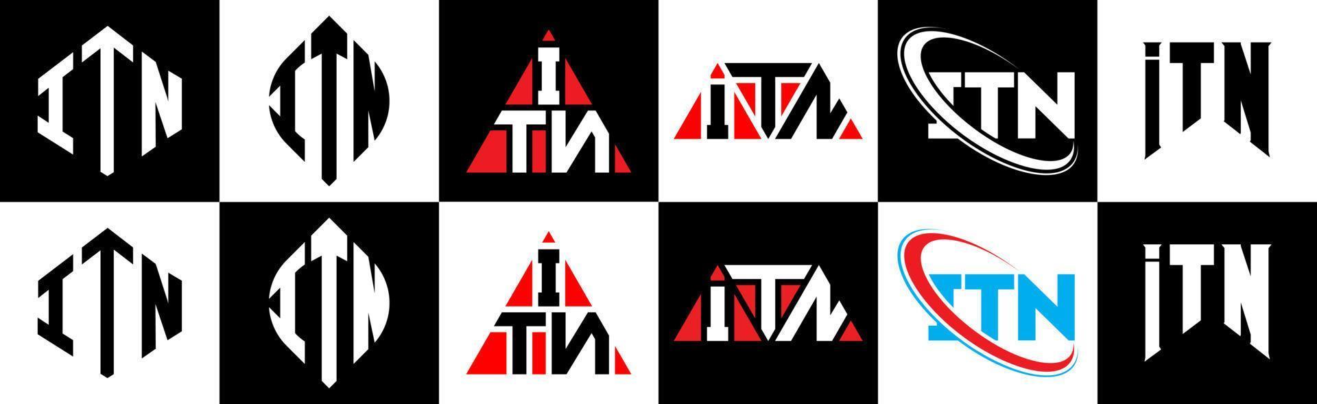 diseño de logotipo de letra itn en seis estilos. itn polígono, círculo, triángulo, hexágono, estilo plano y simple con logotipo de letra de variación de color blanco y negro en una mesa de trabajo. es un logo minimalista y clásico vector